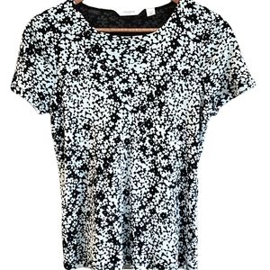 Liz Claiborne Semi Sheer Short Sleeve Black/White Floral Blouse, Petite M